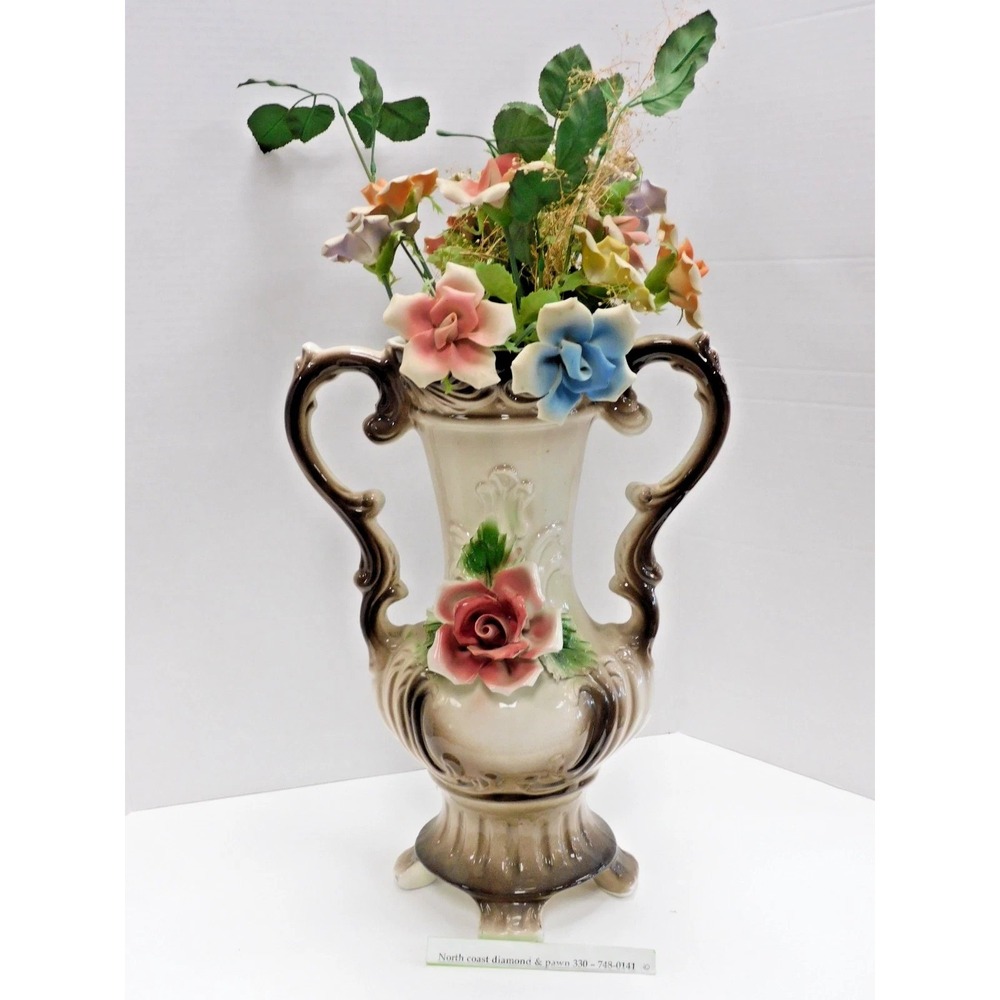 Vintage Italian Capodimonte double handled vase w/ hand painted roses DH102F